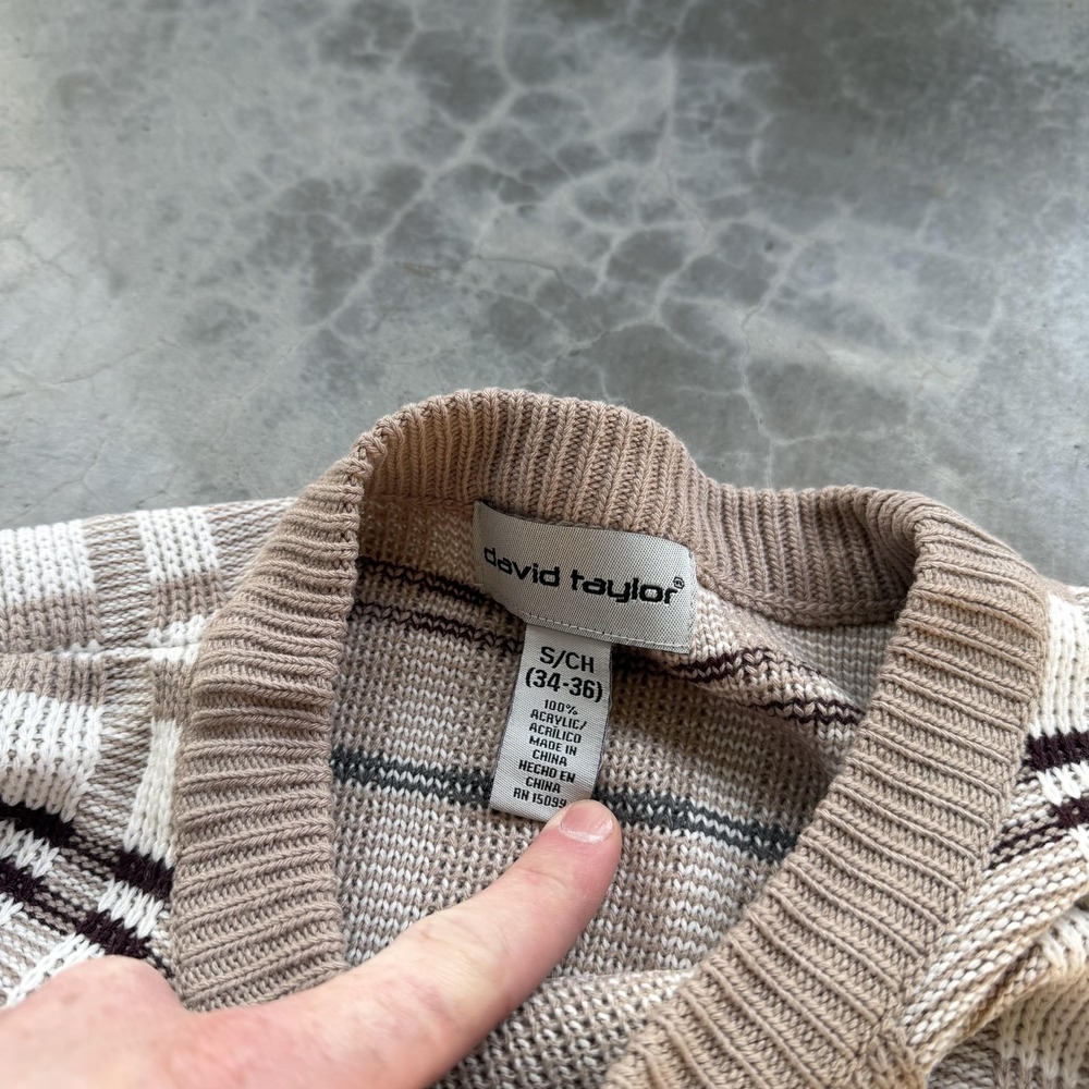 Vintage Sweater Mens Small Beige Plaid Knit Crewneck Pullover Long Sleeve - Picture 5 of 6